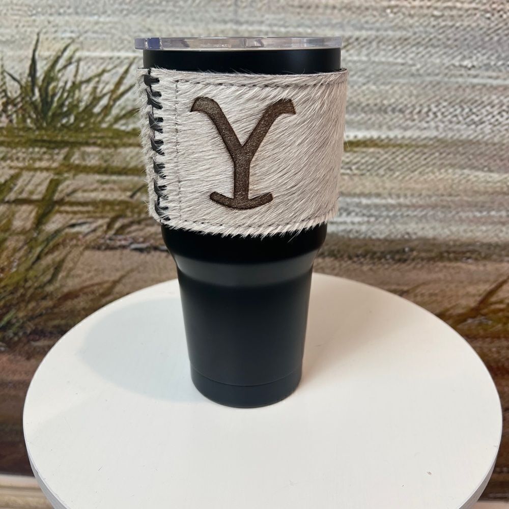 30oz Black Tumbler with Argentine Cow Leather Cowhide “Y” Cattle Brand Sleeve